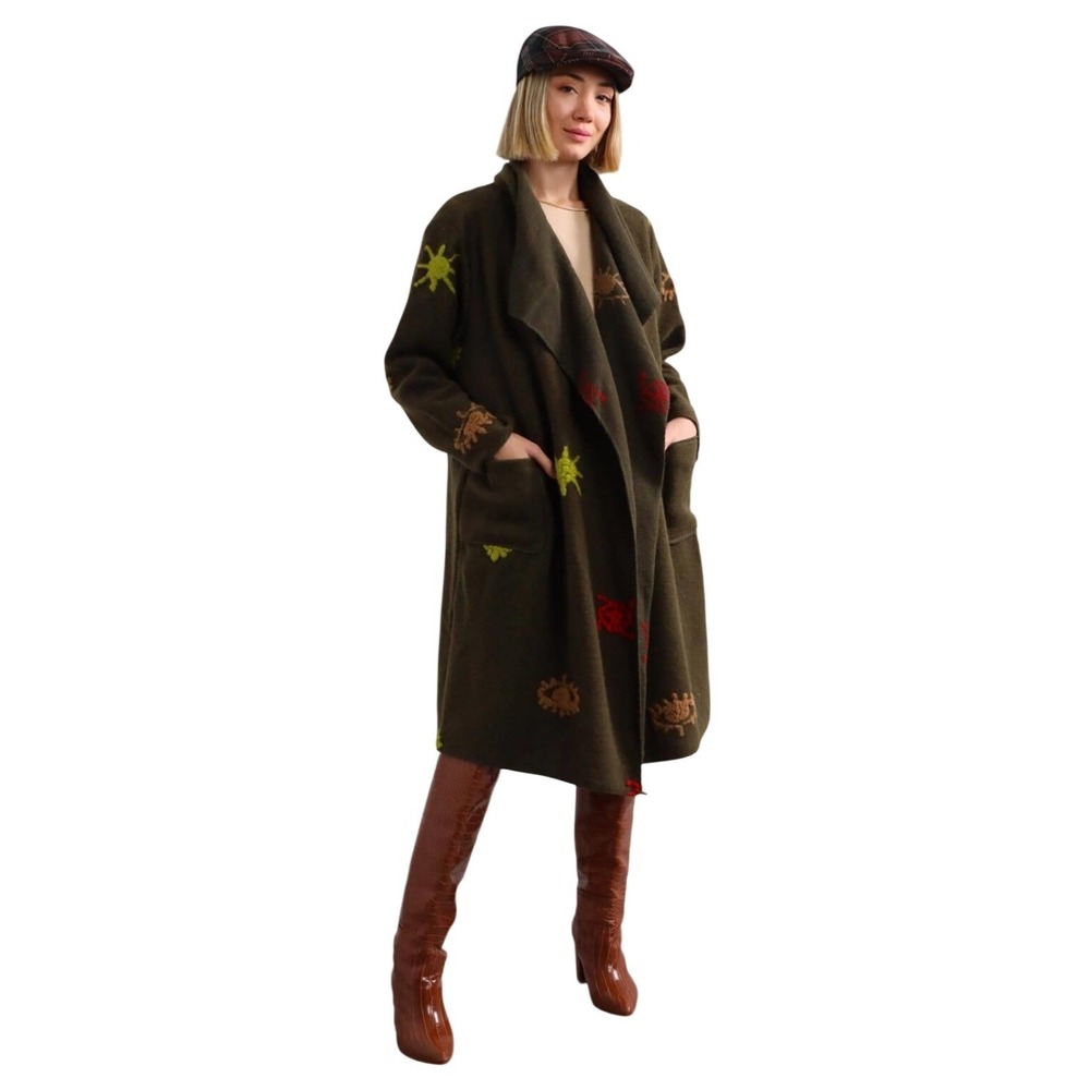 Stars Wool Blend Duster Coat Womens Green Excellent Embroidered Sun SIZE‎ OS